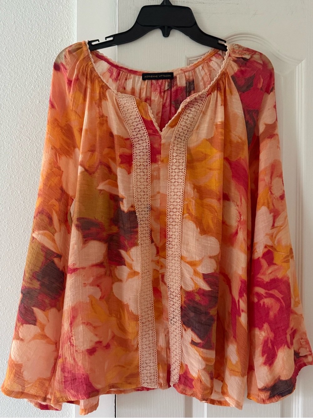 Adrienne Vittadini 1X Floral Peasant Blouse Boho  Sheer Top Plus Lightweigt Airy
